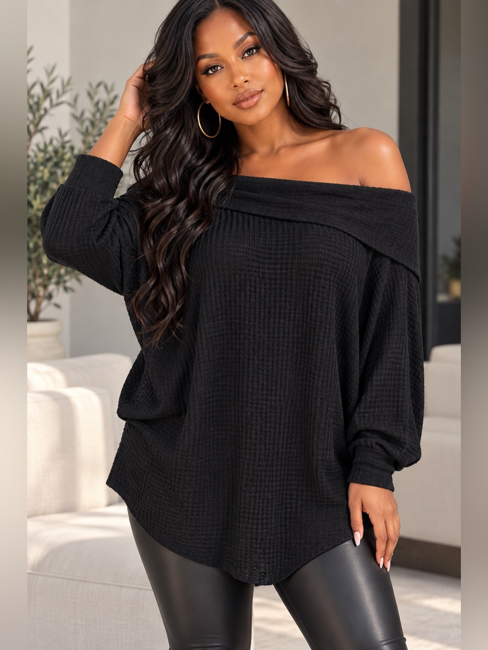 Wishlist Black Off Shoulder Waffle Knit Oversized Tunic Sweater Top